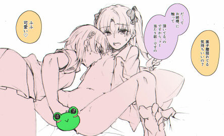 2girls bottomless bow breasts censored feet female female_only fingering flat_chest flat_chested gekota groin hair_ornament hair_ribbon hairbow hairclip higashizukihi_sei highres licking_another's_chest long_hair medium_hair misaka_mikoto monochrome multiple_females multiple_girls navel novelty_censor open_mouth pillow ribbon sheet_grab shirai_kuroko shirt short_hair simple_background sitting small_breasts speech_bubble spread_legs sweat tears thighs to_aru_kagaku_no_railgun to_aru_majutsu_no_index translated twintails two_side_up white_background yuri