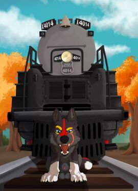 4_toes animal_genitalia balls black_pawpads blue_eyes blue_sky canid cheek_tuft claws cloud day detailed_background digitigrade dipstick_tail facial_tuft fangs feet feral front_view fur genitals glistening glistening_eyes gloves_(marking) grey_balls grey_body grey_fur grey_sheath hi_res kage_(faolanwolfsavor) knot_in_sheath licking licking_lips licking_own_lips looking_at_viewer male male_feral mammal markings open_mouth outside pawpads paws penis penis_tip plant quadruped railway_track red_markings red_penis red_tongue sheath sitting sky solo tail tail_markings teeth toe_claws toes tongue train tree tuft unbreakable-warrior union_pacific_big_boy union_pacific_railroad vehicle white_body white_fur wolf yellow_markings