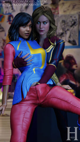 2girls 3d age_difference black_hair blonde_hair brie_larson captain_marvel carol_danvers chocolate_and_vanilla clothed clothed_sex dark-skinned_female dark_skin female female_only fingering fingering_under_clothes human human_only iman_vellani interracial interracial_yuri kamala_khan light-skinned_female light_skin looking_at_partner marvel marvel_cinematic_universe marvel_comics ms._marvel sfm_hood superhero superheroine the_marvels yuri