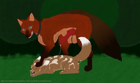 absurd_res animal_genitalia animal_penis balls big_balls big_knot big_penis bodily_fluids brown_body brown_fur canid canine canine_genitalia canine_penis closed_eyes cum cum_covered cum_drip cum_in_mouth cum_inside cum_on_body cum_on_face dipstick_ears dipstick_tail dripping duo ear_markings fennec_fox feral fox fur furry genital_fluids genitals grin happy hi_res knot looking_pleasured lying male male/male mammal markings messy multicolored_ears nature ninafoxxo outside penis pinned red_(ninafoxxo) red_body red_fox red_fur sam_(lavamouse) scar smile spots tail tail_markings true_fox yellow_eyes