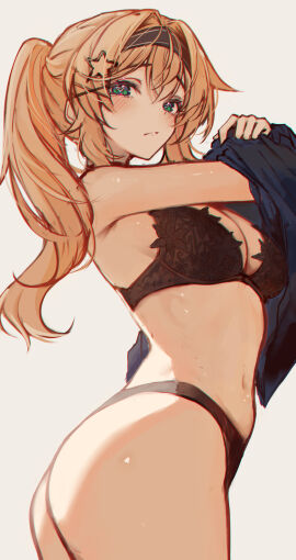 1girls armpit armpits ass ass_focus ass_shine belly belly_button big_ass black_bra black_headband black_headwear black_lingerie black_panties black_underwear blonde_hair blue_clothing blue_jacket blue_shirt blush breasts cleavage clothing color digital_drawing_(artwork) digital_media_(artwork) dokibird dokibird_(1st_costume) eyebrows_visible_through_hair female filter flower flower_pattern ginga_elyka green_eyes hair_ornament hairband headband heart_eyes indie_virtual_youtuber jacket legs_together lingerie long_hair looking_at_viewer looking_over_shoulder looking_to_the_side matching_underwear medium_breasts naokomama panties pattern_clothing pattern_underwear pink_highlights removing_jacket removing_shirt shadow shiny shiny_ass shiny_butt star_(symbol) star_hair_ornament stomach taking_clothes_off taking_off_shirt thin_waist twintails twitter_link underwear undressing virtual_youtuber vtuber waist_length_hair wide_hips yellow_hair