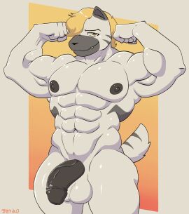 abs anthro balls big_muscles big_pecs big_penis black_nipples black_penis cute_fangs digital_media_(artwork) fangs flexing gay genitals glistening glistening_body gveiny_penis hair hi_res hyena looking_at_viewer male mammal mango_(mang0go) markings muscles muscular navel nipples orange_eyes orange_hair pecs penis simple_background snout solo solo_focus striped_hyena striped_markings striped_tail stripes tail tail_markings teeth thick_thighs unknown_artist vein white_body