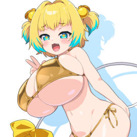 +_+ 1girls :3 big_breasts bikini blonde_hair blue_eyes blue_hair blush bombergirl breasts cleavage fang female hair_ornament huge_breasts large_breasts looking_at_viewer multicolored_hair navel open_mouth pine_(bombergirl) shirogane_hakuba short_hair shortstack side-tie_bikini_bottom simple_background smile solo swimsuit two-tone_hair white_background yellow_bikini