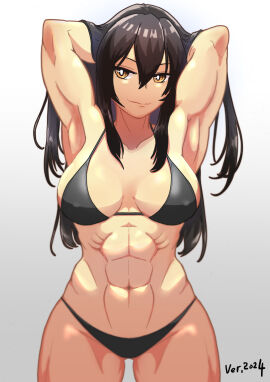 1girls abs alternate_costume alternate_eye_color alternate_muscle_size armpits arms_behind_head arms_up bikini black_bikini black_hair breasts bright_pupils female hair_between_eyes hi_res highres kantai_collection large_breasts long_hair muscles muscular muscular_female nagato_(kantai_collection) navel orange_eyes smile solo standing swimsuit tsun'ichi_(tsun1) very_long_hair white_pupils