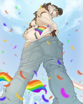 2025 absurd_res anal anal_sex anthro arm_tuft ass bambii_dog bottomwear bottomwear_down brown_body brown_fur brown_hair clothed clothing confetti elbow_tuft fangs felid fingerless_(marking) flag flag_(object) fur hair hat headgear headwear hi_res holding_flag holding_object jockstrap lgbt_pride looking_at_viewer looking_down looking_down_at_viewer low-angle_view male mammal mane object_in_ass pants pants_down partially_clothed pawpads penetrable_sex_toy penetration pink_nose prehistoric_species pride_colors progress_pride_colors rainbow_pride_colors saber-toothed_tiger sabertooth_(anatomy) sex_toy sex_toy_in_ass sex_toy_insertion short_hair smile solo standing tan_body tan_fur teeth transgender_pride_colors tuft underwear vincian_pride_colors whisker_spots white_body white_fur yellow_eyes yellow_sclera