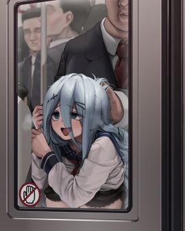 1girls 3boys black_bra black_jacket bra chikan collared_shirt female formal green_eyes grey_hair hair_ornament highres holding_another's_hair jacket letdie1414 long_hair long_sleeves male multiple_boys multiple_males necktie original red_necktie sailor_collar school_uniform sex sex_from_behind shirt sweat teeth tongue tongue_out train train_interior underwear white_shirt x_hair_ornament