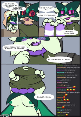 2024 4_fingers animal_humanoid anthro blush bodily_fluids breast_expansion breast_growth breast_growth_(enlargement) breasts changing_color chat chat_box chatting claws clothing colored comic digital_drawing_(artwork) digital_media_(artwork) english_text fangs felid feline female finger_claws fingers fur fur_growth gender_transformation generation_9_pokemon green_body growth hair hi_res holding_object human_to_anthro humanoid legwear livestream looking_at_viewer mammal mammal_humanoid mask mask_transformation meowscarada mtf_transformation nintendo nipples nude nude_female nulloffset paws pink_eyes pink_sclera pokemon pokemon_(species) pulling_shirt red_eyes sequence sharp_teeth snout snout_growth solo species_transformation speech_bubble stockings sweat sweatdrop teeth text topwear torn_clothing torn_topwear transformation transformation_sequence undressing undressing_self wearing_mask