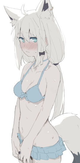 ahoge animal_ear_fluff animal_ears aqua_eyes bare_shoulders bikini bikini_skirt blush braid breasts cleavage closed_mouth collarbone ear_piercing earrings female fox_ears fox_girl fox_tail frilled_skirt frills front-tie_bikini_top front-tie_top hair_between_eyes highres hololive hololive_gamers hololive_gen_1 hololive_japan jewelry kujira_pasta long_hair looking_at_viewer low_ponytail medium_breasts navel official_alternate_costume piercing shirakami_fubuki shirakami_fubuki_(hololive_summer_2019) simple_background single_braid single_earring skirt solo sweat swimsuit tail virtual_youtuber white_background white_hair