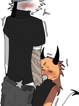 bandaged_arm blowjob blush boyfriends character_request closed_eyes couple_sex demon_horns demon_tail domination/submission gay gay_blowjob gay_male lowered_pants male male_only pot_on_head roblox roblox_avatar robloxian white_skin yellow_skin