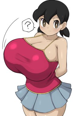 1girls ? aged_up alternate_body_type alternate_breast_size black_hair blush bouncing_breasts breasts brown_eyes doraemon female huge_breasts jaga334 looking_at_viewer older question_mark shizuka_minamoto shortstack smile text_bubble tied_hair twintails