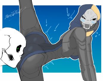 1boy 1girls ass ass_focus back back_view big_ass big_breasts big_butt blush breasts bungie cape clothed clothing color dare_to_exist destiny_(game) destiny_2 exo exo_stranger face_on_butt female hi_res large_breasts leg_up looking_at_another male male/female robot robot_girl robot_humanoid tagme thick_thighs