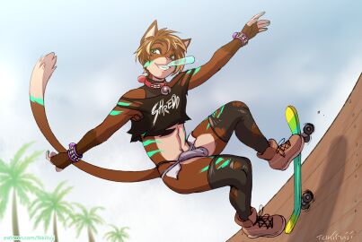 2024 anthro bell bell_collar black_clothing black_legwear black_shirt black_stockings black_topwear bracelet brown_body brown_clothing brown_footwear brown_fur brown_hair brown_shoes bulge clothed clothing collar crop_top detailed_bulge domestic_cat felid feline felis femboy fingerless_(marking) footwear fur genital_outline green_body green_eyes green_fur green_stripes grey_clothing grey_panties grey_underwear grin hair half-pipe jewelry legwear looking_away male mammal outside panties pantsless penis penis_outline pupils red_collar shirt shoes skateboard skateboarding smile solo stockings striped_body striped_fur stripes tan_body tan_fur tan_hair text text_on_clothing text_on_shirt text_on_topwear tight_clothing tokifuji topwear torn_clothing torn_legwear torn_stockings underwear vehicle