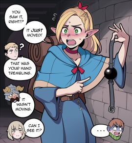 2girls 3boys adventurer ball_gag blush blushing_profusely chilchuck_tims choker clothed dungeon_meshi elf elf_ears english_text falin_touden female female_focus fully_clothed gag humor innocent jam-orbital laios_touden male marcille_donato multiple_boys multiple_females multiple_girls multiple_males senshi_(dungeon_meshi) solo_focus text