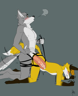 absurd_res anthro ass big_penis blush bodily_fluids bondage bound brown_eyes canid canine canis clenched_teeth cum cum_in_ass cum_inside duo fist flat_colors fox fur genital_fluids genitals golddie hi_res ivan_volkanov male male/male male_penetrating mammal penetration penis plantigrade restraints rope rope_bondage shaking simple_background stomach_bulge teeth wolf x-ray_view yellow_body yellow_fur