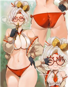 1girls ass breasts chaichne cleavage female female_only glasses large_breasts looking_at_viewer purah purah_(tears_of_the_kingdom) red_eyes smile solo tears_of_the_kingdom the_legend_of_zelda torn_clothes torn_clothing white_hair
