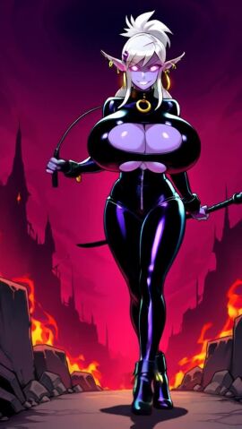 ai_generated cleavage elf elf_ears gigantic_breasts glowing glowing_eyes hell high_heels huge_breasts latex latex_gloves latex_suit manaworld moving_breasts riding_crop syx tagme video white_hair