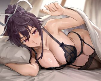 absurdres backlighting bed_invitation black_bra black_garter_belt black_hair black_panties black_thighhighs blurry blurry_background bra breasts cleavage closed_mouth commission commissioner_upload female garter_belt hair_between_eyes hair_ribbon head_on_pillow highres indoors kanzaki_kaori large_breasts lifting_covers light_blush lingerie long_hair looking_at_viewer lying nisakusa non-web_source on_bed on_side panties pillow ponytail pov_across_bed purple_eyes ribbon solo sweat thighhighs toaru_majutsu_no_index under_covers underwear underwear_only very_long_hair white_ribbon window