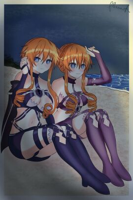 2d 2d_(artwork) 2girls beach belly belly_button big_breasts boots breasts date_a_live female flinsnok grey_eyes light-skinned_female light_skin long_boots long_hair medium_breasts night orange_hair seaside thighs yamai_kaguya yamai_yuzuru