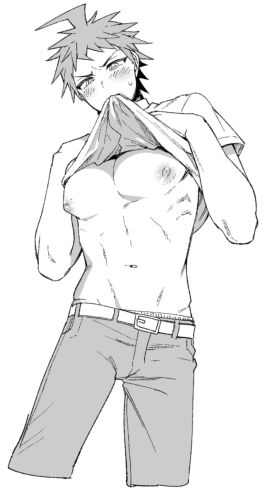 biting_clothes biting_shirt blush danganronpa danganronpa_2:_goodbye_despair drfav hinata_hajime male male_focus male_only monochrome nipples pants pecs pecs_focus pectorals shirt_in_mouth shirt_lift shirt_up solo solo_focus solo_male uurin