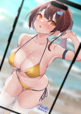 1girls arm_band armband armpits bare_arms bare_belly bare_chest bare_legs bare_midriff bare_shoulders bare_skin bare_thighs beach belly belly_button bikini bikini_bottom bikini_top black_armband blush blush_lines blushing_female breasts brown-haired_female brown_hair cleavage coast collarbone dot_nose elbows female female_focus female_only fingers groin hair_between_eyes high_resolution highres ineedu041_tako large_breasts legs light-skinned_female light_skin long_hair looking_at_viewer naked naked_female navel nude nude_female ocean open_mouth original phone photo ponytail sand sea seaside shoulders sideboob solo standing string_bikini stroking_hair sweat sweatdrop swimsuit swimwear thick_thighs thighhighs thighs upper_body v-line white_thighhighs yellow-eyed_female yellow_bikini yellow_bikini_bottom yellow_bikini_top yellow_eyes yellow_string_bikini yellow_swimsuit yellow_swimwear
