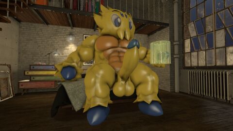 1boy 3d abs balls bara black_eyes brick_wall colored_skin completely_nude cup erection full_body furry furry_male holding indoors joltik male male_focus male_only mightyk7 mug muscular muscular_male navel night nintendo nude pectorals penis pokemon pokemon_(species) pokémon_(species) shiny_skin sitting sky solo testicles thick_thighs thighs uncensored veins veiny_penis window wooden_floor yaoi yellow_fur yellow_skin