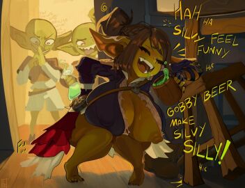 1girls breasts clothing_malfunction curvy drugging drunk english_text exposed_breast female goblin goblin_female green_skin grimmy huge_breasts implied_transformation nipple_slip puffy_areola shortstack spiked_drink tagme text transformation unaware