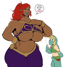 1boy 1girls blonde_hair blue_lips blue_lipstick breasts breath_of_the_wild bulge dark-skinned_female dark_skin erection female gerudo gerudo_link green_eyes heart-shaped_pupils height_difference huge_breasts larger_female link link_(breath_of_the_wild) lipstick male mouth_veil muscular muscular_female penis penis_under_clothes pointy_ears radavaris red_eyes size_difference smile sweat taller_female the_legend_of_zelda