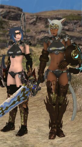 3d 5_toes animal_humanoid armwear blue_hair breasts brown_body brown_skin cat_humanoid clothed clothing devilscry digital_media_(artwork) duo feet felid felid_humanoid feline feline_humanoid female final_fantasy final_fantasy_(series) final_fantasy_xiv fingers hair humanoid mammal mammal_humanoid markings medium_breasts merle_nyalentine miqo'te navel short_hair small_breasts source_filmmaker square_enix sword tan_body topwear video_games white_hair y'shtola y'shtola_rhul