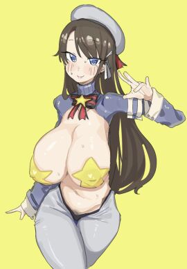 1girls alternate_hair_length bangs bangs_between_eyes beret black_bow black_hair blue_eyes blue_sleeves blush blush_lines bow bowtie breasts collar eyes_visible_through_hair female female_pubic_hair grey_beret grey_legwear hair_between_eyes hair_ribbon hololive hololive_gen_2 hololive_japan large_breasts leebongchun lipstick long_hair long_sleeves makeup nail_polish nipple_bulge nipples nipples_visible_through_clothing oozora_subaru painted_nails pasties pink_lipstick pubes pubic_hair pubic_hair_peek red_bow reverse_bunnysuit ribbon ribbon_in_hair sidelock sleeve_cuffs smile solo star_pasties sweat sweatdrop turtleneck virtual_youtuber white_cuffs white_hair_ribbon yellow_background yellow_nail_polish yellow_nails yellow_pasties