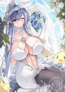 animal_ears azur_lane black_pantyhose blue_eyes blue_flower blue_hair blue_rose blush bouquet breasts bridal_veil center_opening cg cleavage closed_mouth dress elbow_gloves fake_animal_ears female flower gloves hair_ornament holding holding_bouquet huge_breasts large_breasts long_hair looking_at_viewer manjuu_(azur_lane) new_jersey_(azur_lane) new_jersey_(snow-white_ceremony)_(azur_lane) official_alternate_costume one_eye_closed pantyhose rabbit_ears rose sitting smile solo veil very_long_hair wedding_dress white_dress white_gloves