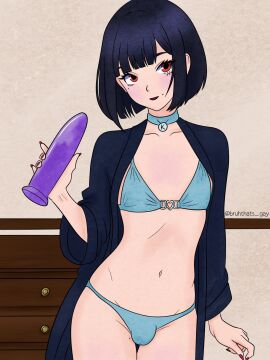 black_hair bra bruhthats_gay dildo femboy femboy_focus femboy_only male panties red_eyes robe self_upload