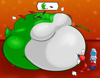 air_inflation anthro ass bbw belly belly_overhang big_ass big_belly big_breasts breasts dig_dug disco_chaos female female/male female_focus furry fygar huge_belly huge_breasts hyper_belly immobile immobilization inflation love_handles navel_penetration non-canonical_size ready_to_pop spherical_inflation ssbbw
