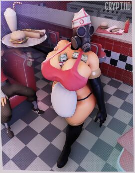 3d apron burger cash crypti1d diner female fempyro food gas_mask hat hot_dog money money_in_cleavage scout_(team_fortress_2) server solo_focus tagme team_fortress_2 waitress waitress_outfit waitress_uniform