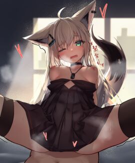1boy absurdres ahoge animal_ears aqua_eyes backlighting black_choker black_thighhighs braid breasts breasts_apart breath choker commentary_request dog_tags earrings female fox_ears fox_girl hair_ornament hairclip heart highres hololive hololive_gamers hololive_gen_1 hololive_japan implied_sex inaba_teitoku jewelry leaning_back legs_apart light_particles looking_at_viewer male medium_breasts nipples one_eye_closed open_mouth pov shirakami_fubuki single_braid single_earring single_thighhigh sitting sitting_on_person steaming_body sweat tail thigh_strap thighhighs trembling virtual_youtuber wavy_mouth white_hair