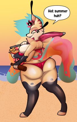 4_arms ass beach bikini canine furry hellhound helluva_boss multi_arm multi_limb queen_bee-lzebub_(helluva_boss) someth1ngoranother umbrella vivienne_medrano wolf