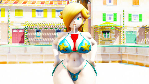 1girls 3d beach big_breasts bikini blue_eyes breasts crown curvy curvy_female cyan_bikini drink_on_breasts drinking drinking_straw earrings female female_only hair_over_one_eye half-closed_eyes light-skinned_female light_skin lips long_hair mario_(series) mmd nintendo outdoors pac-mario64 platinum_blonde_hair princess princess_rosalina solo solo_female star_earrings swimsuit thick thick_hips thick_thighs thighs wide_hips