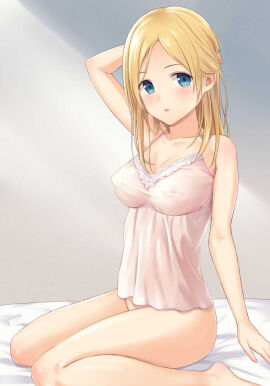 bed bedsheets blonde_hair blue blue_eyes breasts breasts_visible_through_clothing collarbone feet female female_only hand_on_own_head light_blush medium_breasts n.g. nightgown nipple_bulge nipples_visible_through_clothing no_panties original original_character see-through_clothing thighs