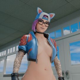 1girls 3d arm_tattoos big_breasts blender_(artwork) breasts female fortnite fortnite:_battle_royale glasses hi_res looking_at_viewer lynx_(fortnite) pink_hair plentysession