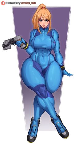 1girls abs big_breasts blonde_female blonde_hair bodysuit breasts female female_only large_breasts legs_crossed lettuce_uwu muscular muscular_female samus_aran thick_thighs tight_clothing wide_hips zero_suit_samus