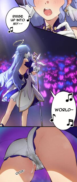 1girls after_sex after_vaginal aqua_eyes ass bare_shoulders blush collar concert cum cum_drip cum_in_panties cum_in_pussy cum_inside cum_leak cum_leaking cum_leaking_down_leg cum_stain cum_wearing cum_wearing_(panties) dress earrings english_text eyes_out_of_frame female female_only halo hi_res highres honkai:_star_rail honkai_(series) light-skinned_female light_skin long_hair mihoyo nashidrop open_mouth panties pubic_hair pubic_hair_in_mouth public pussy robin_(honkai:_star_rail) san_p.dro semen singing solo stained_panties standing stray_pubic_hair text under_skirt wet_panties white_panties wings