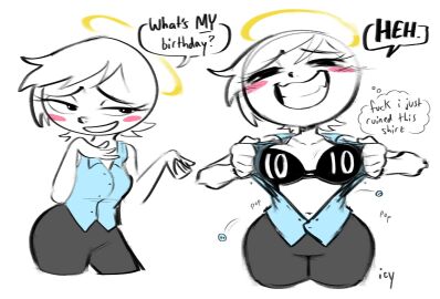 birthday black_bra bra breasts button_pop buttons english_text female halo iseenudepeople original original_character popped_button popped_buttons smile smiling spicysona teeth teeth_showing text text_bubble thought_bubble toothy_smile