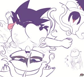 accessory anthro big_breasts blush blush_lines breast_lick breast_play breast_sucking breasts catgirl_hex_(word360) curling_toes dialogue disembodied_hand domestic_cat drow462 duo erection eyelashes fangs feet felid feline felis female female/female finger_fuck fingering fingering_partner fingers_in_pussy genitals group gurney hair haunter headband heart_symbol hi_res human inner_ear_fluff kemono licking long_hair looking_at_another looking_at_partner looking_down looking_pleasured lying male mammal messy_hair nintendo nipples nude on_back penis pokemon purple_body pussy restrained restraints sex short_stack simple_background spiral_eyes stretcher submissive submissive_anthro submissive_female sucking tail teeth text tongue tongue_out trio tuft vaginal_penetration white_background