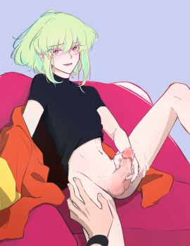 2boys androgynous bob_cut bottomless clothing cum cum_drip femboy femboy_focus galo_thymos hand_on_thigh lio_fotia male_focus masturbation petite petite_body petite_male pov promare short_hair slim slim_male slim_waist solo_focus twink watching_masturbation