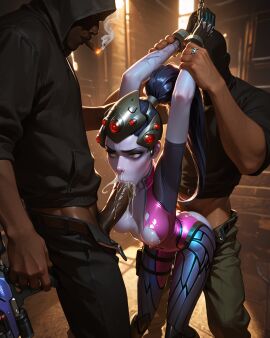 1girls 2boys ai_generated blowjob bound cum overweight raped_female spitroast vaginal_penetration widowmaker