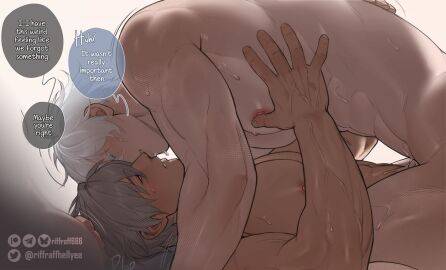 2boys anal blue_eyes bluesky_logo bluesky_username commentary completely_nude crossover english_commentary english_text from_side gay gay_male grey_hair hand_on_another's_back hand_on_another's_chest hatake_kakashi jujutsu_kaisen kakashi_hatake lying male male_focus male_penetrated multiple_boys multiple_males naruto_(series) nipples nude on_back parted_bangs parted_lips patreon_logo patreon_username pectorals riffraffhellyea satoru_gojo sex speech_bubble straddling sweat teeth twitter_logo twitter_username veins veiny_arms veiny_hands white_hair yaoi