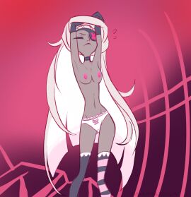 belly breasts closed_eyes clothed clothing colored edit female grey_body hair hazbin_hotel imminent_sex lifting_shirt nipples panties partially_clothed solo standing taking_clothes_off thick_thighs undressing vaggie_(hazbin_hotel) white_hair