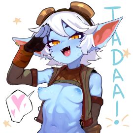 1girls alternate_skin_color blush breasts female female_focus female_only gnael league_of_legends looking_at_viewer orange_eyes pointy_ears riot_games short_hair shortstack small_breasts solo solo_female solo_focus tristana what white_hair yordle