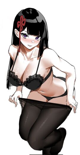 akinatsu_meguru bare_shoulders big_breasts black_bra black_hair black_panties blunt_bangs bra breasts collarbone feet_out_of_frame female highres large_breasts leaning_forward long_hair looking_at_viewer mato_seihei_no_slave nanohana_(november.) navel panties pantyhose purple_eyes simple_background solo underwear undressing white_background yamashiro_ren