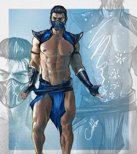 1girls 2024 2d 2d_(artwork) abs armor artist_name artist_signature asian asian_male bi-han black_hair blue_background carlos_gzz east_asian east_asian_male female fingerless_gloves gloves looking_away male male_only mortal_kombat muscles muscular muscular_male pecs questionable shirtless_male shoulder_pads snowflake snowflakes solo solo_male sub-zero white_border wrist_cuffs wristwear