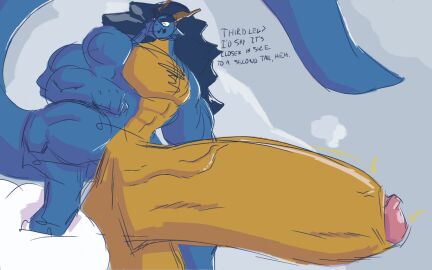 2022 anthro balls biceps big_balls big_muscles big_penis big_tail blue_body blue_hair body_hair chest_hair countershading dragon english_text erection facial_hair genitals glans hair hi_res huge_balls huge_cock huge_tail hyper hyper_balls hyper_genitalia hyper_penis hyper_tail male male_anthro muscles muscular muscular_anthro muscular_male mythological_creature mythological_scalie mythology nude penis pink_glans scalie solo tail text triceps vein veiny_penis white_balls yellow_body yellow_countershading yellow_penis zephyr_(zephyrchill) zephyrchill